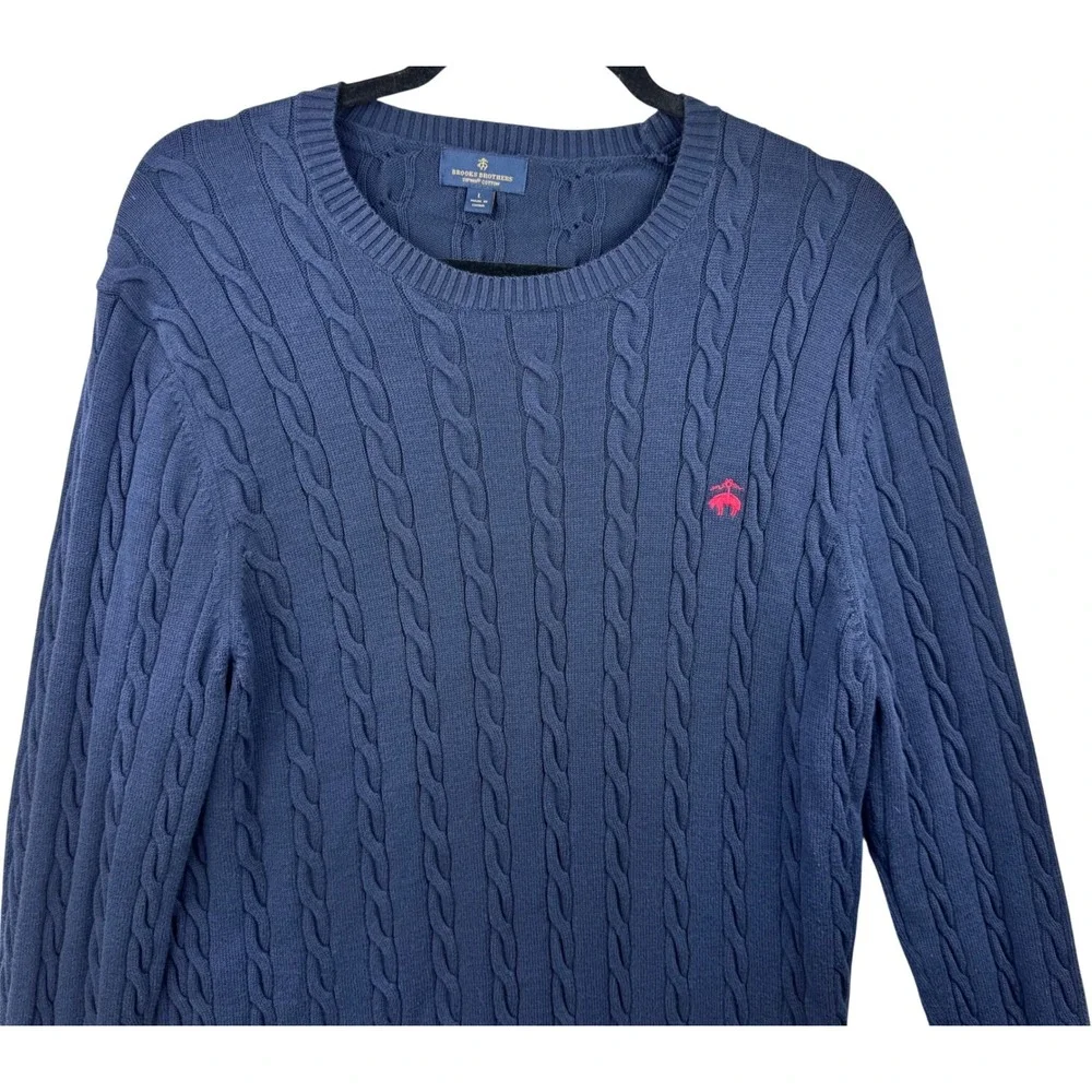 Brooks Brothers Cable Knit Sweater Men Large Navy Blue Supima Cotton Preppy Logo